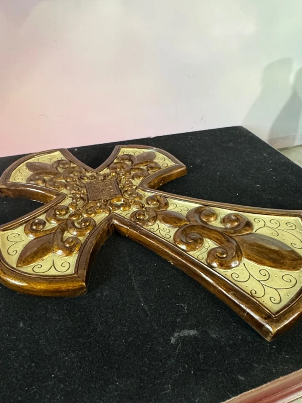 Ornate Decorative Wall Cross in Brown and Cream